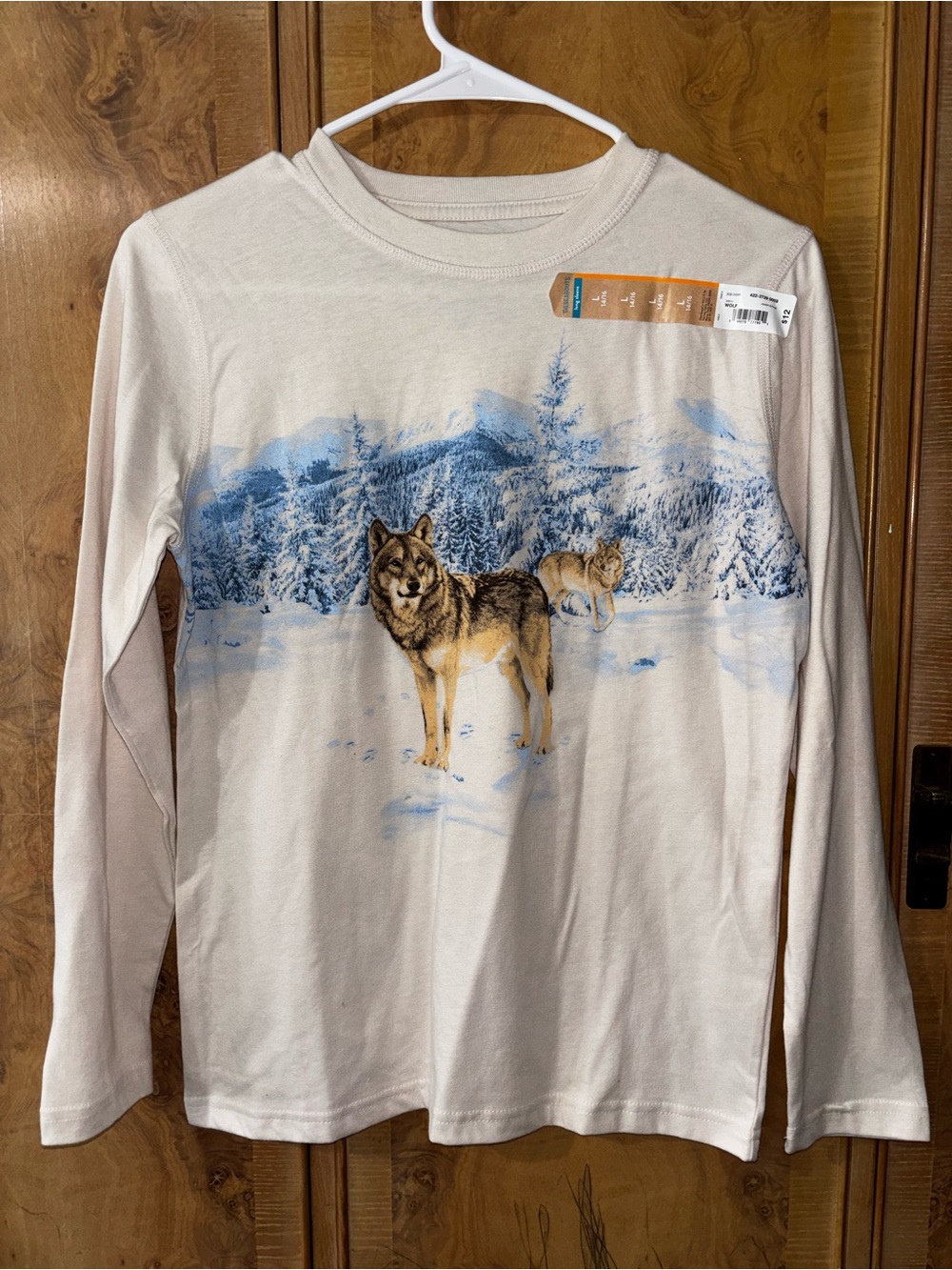 Girls Long-Sleeve Wolf Graphic Tee - Cream with Blue Print size Large 14 / 16